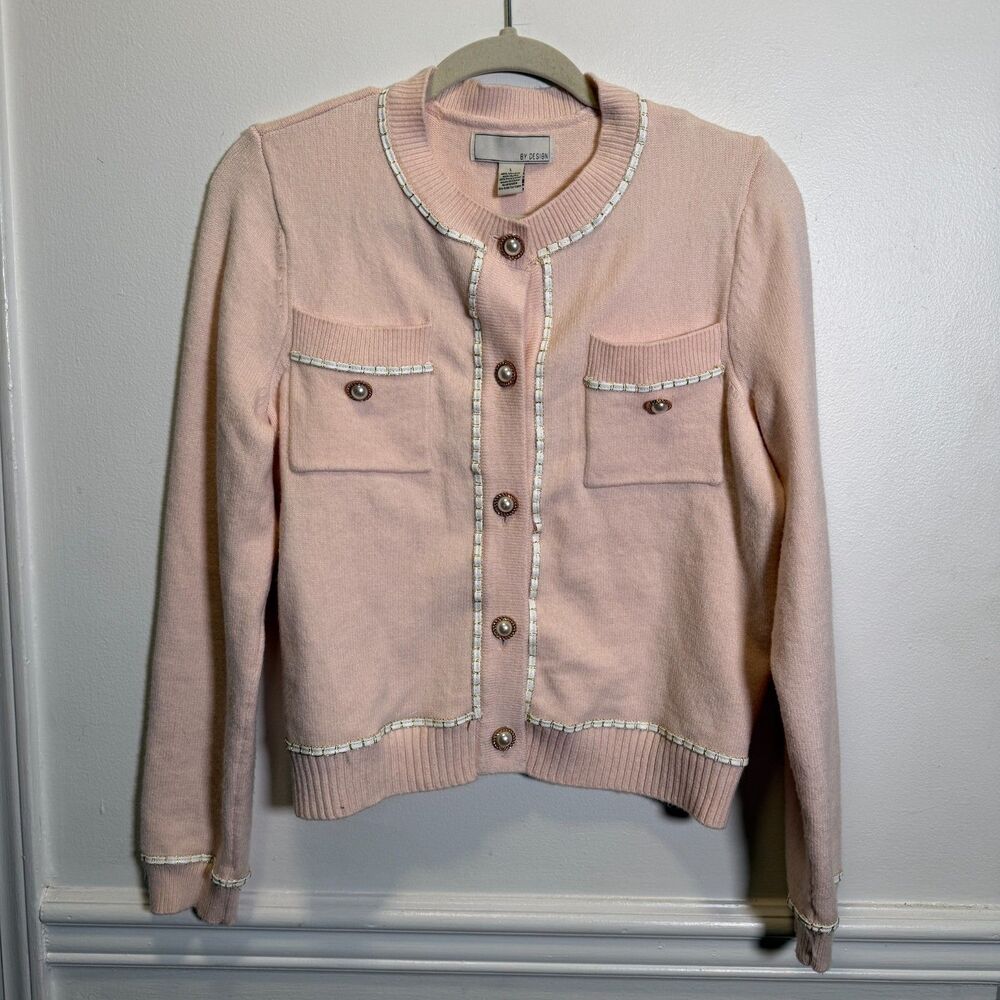 By Design Womens L Pink Pearl Button Cardigan Gold Trim Preppy Lady Jacket